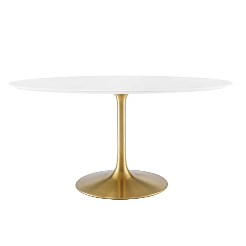 Modway Lippa 60" Oval-Shaped Mid-Century Modern Dining Table with White Wood Top and Gold Base