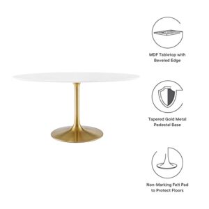 Modway Lippa 60" Oval-Shaped Mid-Century Modern Dining Table with White Wood Top and Gold Base