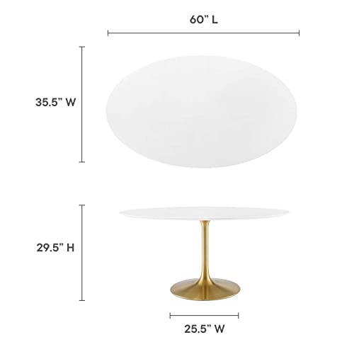 Modway Lippa 60" Oval-Shaped Mid-Century Modern Dining Table with White Wood Top and Gold Base