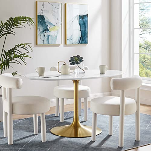 Modway Lippa 60" Oval-Shaped Mid-Century Modern Dining Table with White Wood Top and Gold Base