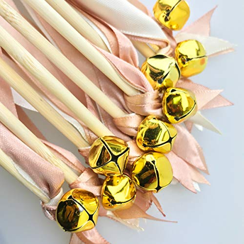 Cieovo 50 Pack Ribbon Fairy Wands Wedding Streamers with Bells, Silk Fairy Stick Wand Party Favors for Party Activities Baby Shower Holiday Celebration (Champagne lace)