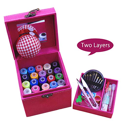 TINTON LIFE 2 Layers Sewing Kits with Vintage Box Sewing Accessories Supplies Kits for Adults Kids Beginner Travel Sewing Basket Metal Handle Red