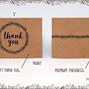 Thank You Cards Bulk Set of 100 - Includes Thank You Notes, Blank Cards with Envelopes & Stickers - Perfect for Business, Wedding, Graduation, Bridal & Baby Shower, Funeral - Floral Kraft Paper Design