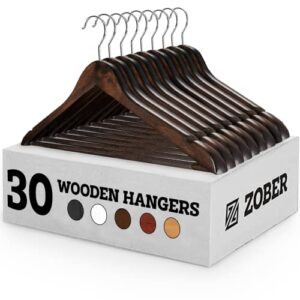 zober wooden hangers 30 pack - non slip wood clothes hanger for suits, pants, jackets w/bar & cut notches - heavy duty clothing hanger set - coat hangers for closet - vintage