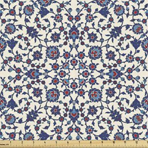ambesonne orient fabric by the yard, moroccan floral pattern victorian rococo baroque design, decorative fabric for upholstery and home accents, 2 yards, cream indigo