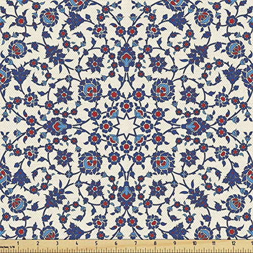 Ambesonne Orient Fabric by The Yard, Moroccan Floral Pattern Victorian Rococo Baroque Design, Decorative Fabric for Upholstery and Home Accents, 2 Yards, Cream Indigo