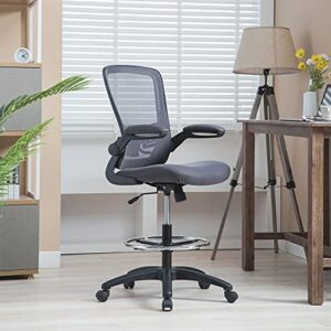 serena ergonomic mesh drafting chair - adjustable, breathable mesh, lumbar support, ergonomic and height adjustable flip-top office chair with foot ring and productivity - gray
