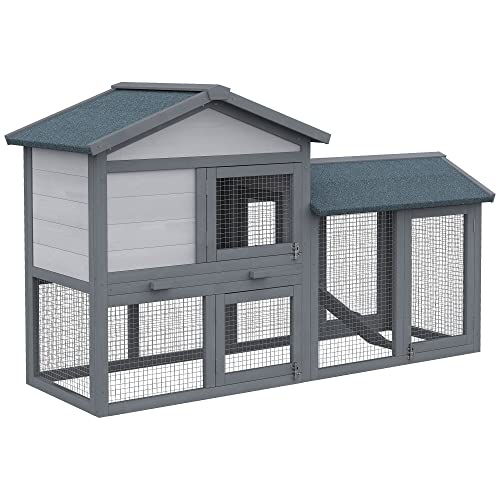 PawHut Rabbit Hutch, Wooden Bunny Hutch, Guinea Pig Cage, Small Animal Enclosure with Run Area, Removable Tray, Asphalt Roof, Lockable Doors and Ramp, Gray