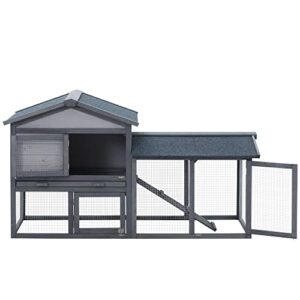 PawHut Rabbit Hutch, Wooden Bunny Hutch, Guinea Pig Cage, Small Animal Enclosure with Run Area, Removable Tray, Asphalt Roof, Lockable Doors and Ramp, Gray