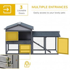 PawHut Rabbit Hutch, Wooden Bunny Hutch, Guinea Pig Cage, Small Animal Enclosure with Run Area, Removable Tray, Asphalt Roof, Lockable Doors and Ramp, Gray