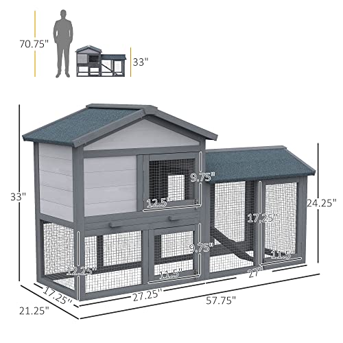 PawHut Rabbit Hutch, Wooden Bunny Hutch, Guinea Pig Cage, Small Animal Enclosure with Run Area, Removable Tray, Asphalt Roof, Lockable Doors and Ramp, Gray