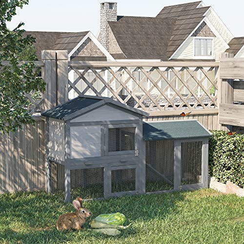 PawHut Rabbit Hutch, Wooden Bunny Hutch, Guinea Pig Cage, Small Animal Enclosure with Run Area, Removable Tray, Asphalt Roof, Lockable Doors and Ramp, Gray