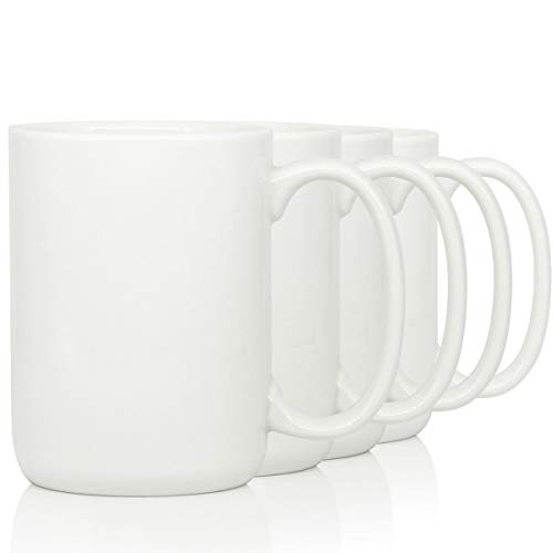 Smilatte 16 OZ Sublimation Porcelain Coffee Mugs, Classic Blank Ceramic Cup with Large Handle for Tea Latte Cappuccino, Set of 4, White