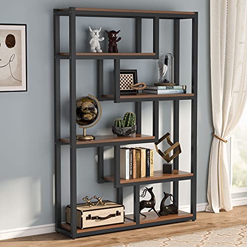 TRIBESIGNS WAY TO ORIGIN 6-Shelf Industrial Bookshelf, Vintage Etagere Bookcase, 69 Inch Tall Storage Display Staggered Shelves with Sturdy Metal Frame for Home Office, Dark Walnut