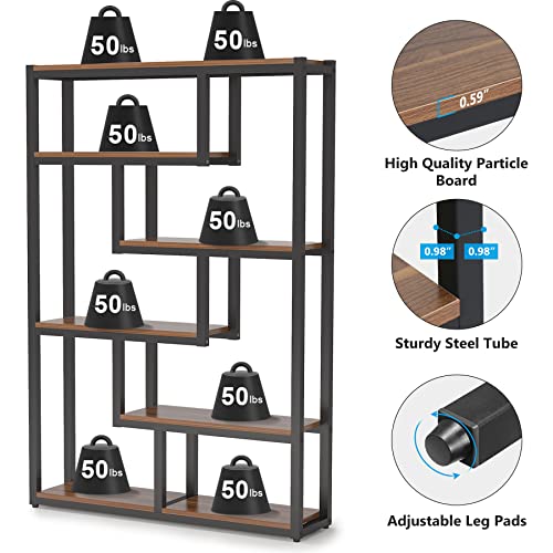 TRIBESIGNS WAY TO ORIGIN 6-Shelf Industrial Bookshelf, Vintage Etagere Bookcase, 69 Inch Tall Storage Display Staggered Shelves with Sturdy Metal Frame for Home Office, Dark Walnut