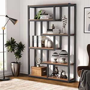 TRIBESIGNS WAY TO ORIGIN 6-Shelf Industrial Bookshelf, Vintage Etagere Bookcase, 69 Inch Tall Storage Display Staggered Shelves with Sturdy Metal Frame for Home Office, Dark Walnut