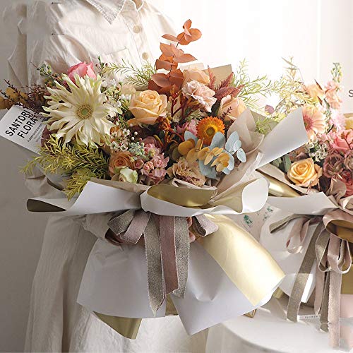 BBJ WRAPS Double Sided Golden Flower Wrapping Paper Waterproof Gift Packaging Florist Bouquet Wraps, 20 Sheets 23.6X23.6 Inch (White)