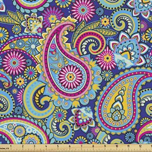 ambesonne paisley fabric by the yard, ornate traditional teardrop elements details in bohemian design print, decorative fabric for upholstery and home accents, 2 yards, pink blue