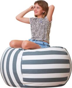 aubliss stuffed animal bean bag storage chair, beanbag covers only for organizing plush toys, turns into bean bag seat for kids when filled, medium 32"-canvas stripes grey/white