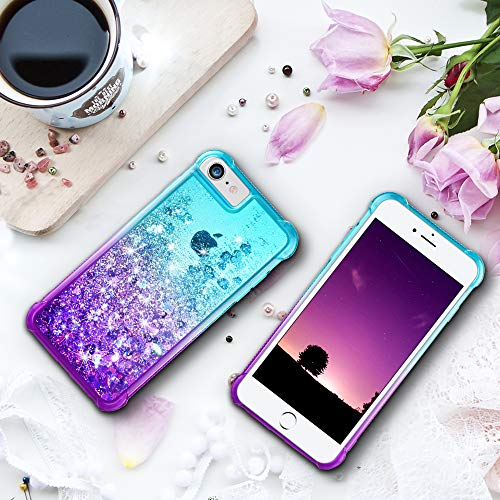 Ruky iPhone 6 6S 7 8 Case, iPhone SE 2020 & iPhone SE 2022 Case, Gradient Quicksand Series Glitter Bling Flowing Liquid Floating TPU Bumper Cushion Protective Women Girls Phone Case (Teal Purple)