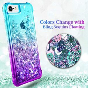 Ruky iPhone 6 6S 7 8 Case, iPhone SE 2020 & iPhone SE 2022 Case, Gradient Quicksand Series Glitter Bling Flowing Liquid Floating TPU Bumper Cushion Protective Women Girls Phone Case (Teal Purple)