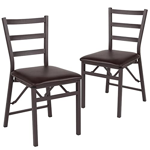 Flash Furniture 2 Pack HERCULES Series Brown Folding Ladder Back Metal Chair with Brown Vinyl Seat