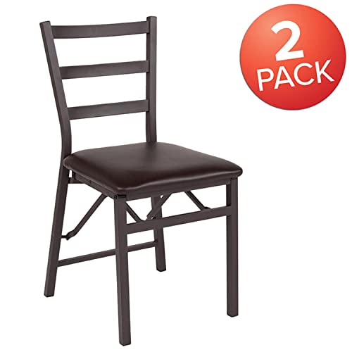 Flash Furniture 2 Pack HERCULES Series Brown Folding Ladder Back Metal Chair with Brown Vinyl Seat