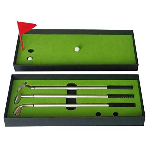 SIPLIV Metal Golf Rollerball Pen Set (3 Colors Ink), Mini Golf Balls Toy Desktop Golf Gift Set Includes Putting Green, Flag, 3 Golf Clubs Pens and 2 Balls