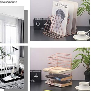 Magazine Rack Book Record Holder, Desktop Iron Storage Rack Bookshelf Multifunction Triangle File Organizer Decor Home Office (Rose gold)