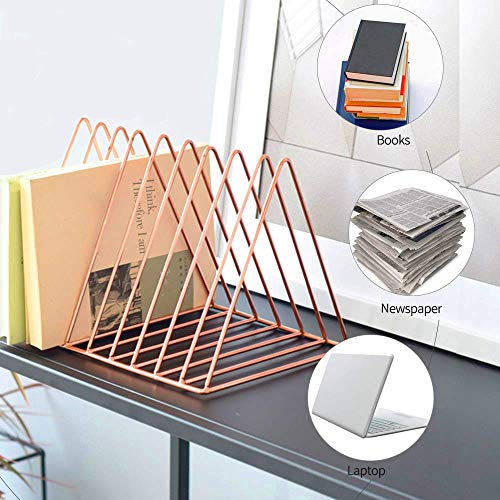 Magazine Rack Book Record Holder, Desktop Iron Storage Rack Bookshelf Multifunction Triangle File Organizer Decor Home Office (Rose gold)