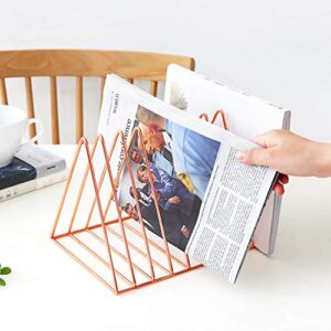 Magazine Rack Book Record Holder, Desktop Iron Storage Rack Bookshelf Multifunction Triangle File Organizer Decor Home Office (Rose gold)