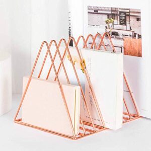 Magazine Rack Book Record Holder, Desktop Iron Storage Rack Bookshelf Multifunction Triangle File Organizer Decor Home Office (Rose gold)