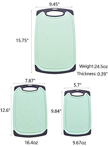 FLYINGSEA Cutting Boards For Kitchen, Anti-Skid Eco-Wheat Straw Vegetable Board Set (3 Pcs), Dishwasher Safe (Light green)