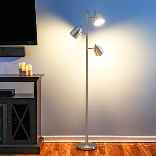 Brightech Jacob LED Standing Lamp, Modern Bright Floor Lamps for Living Rooms & Bedrooms, Tall LED Lighting Lamp with Adjustable 3 Light Tree – Satin Nickel