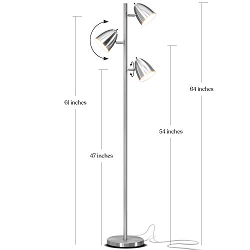 Brightech Jacob LED Standing Lamp, Modern Bright Floor Lamps for Living Rooms & Bedrooms, Tall LED Lighting Lamp with Adjustable 3 Light Tree – Satin Nickel