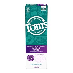 tom's of maine whole care natural toothpaste with fluoride, peppermint, 4 oz.