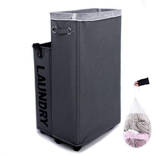 Laundry Hamper, Caroeas 27.5-inches Rolling Laundry Basket Collapsible Tall Slim Laundry Hamper with Washable & Breathable Mesh Liner Waterproof & Dustproof Laundry Cart on Wheels