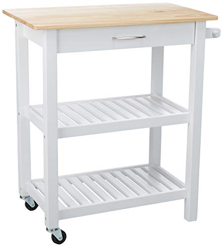 Amazon Basics Kitchen Island Cart with Storage, Solid Wood Top and Wheels, 35.4 x 18 x 36.5 inches, Natural / White