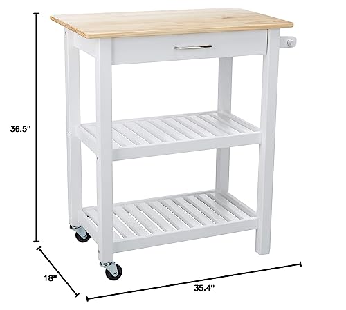 Amazon Basics Kitchen Island Cart with Storage, Solid Wood Top and Wheels, 35.4 x 18 x 36.5 inches, Natural / White