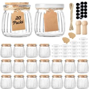 Folinstall 7 oz Small Glass Jars with Cork Lids, 20 Pack Empty Candle Jars for Candle Making, Wedding Favor Jars with PE Lids for Jelly, Cake, Pudding, Yogurt, Jam, Spice, with Spoons, Labels, Tags