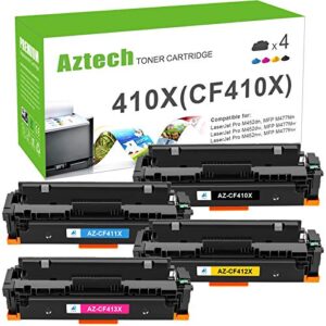 aztech compatible toner cartridge replacement for hp 410x cf410x 410a color pro m477fdw m477fnw m477fdn m452dn m452dw m452nw cf411x cf412x cf413x printer (black cyan yellow magenta, 4-pack)