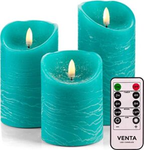 set of 3 realistic flameless turquoise led candles with remote control - 4'' 5'' 6'' electric wickless pillar battery operated candles with flickering flame timer