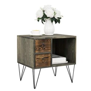 mygift 19 inch vintage gray solid wood bedroom night stand with metal legs, 2 drawers and open cabinet, side table end table for small spaces