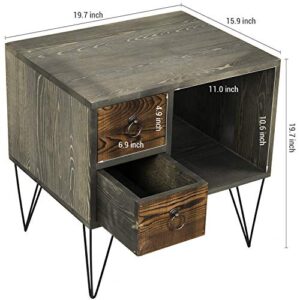 MyGift 19 Inch Vintage Gray Solid Wood Bedroom Night Stand with Metal Legs, 2 Drawers and Open Cabinet, Side Table End Table for Small Spaces