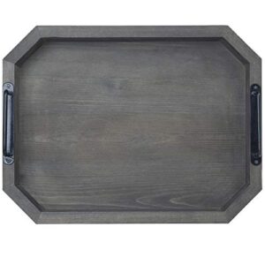 MyGift 16-Inch Vintage Gray Wood Serving Tray with Decorative Black Metal Handles
