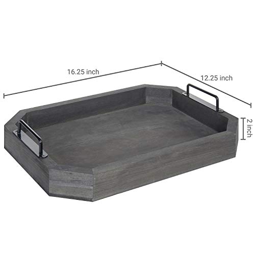 MyGift 16-Inch Vintage Gray Wood Serving Tray with Decorative Black Metal Handles