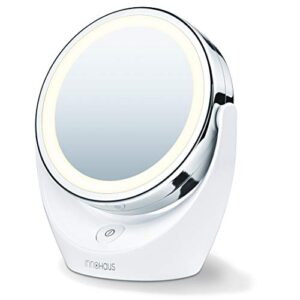 5x magnifying double-sided cosmetic vanity makeup mirror illuminated led lights, 360° degree swivel rotation, on/off button, chrome finish, cordless, batteries included, abs49