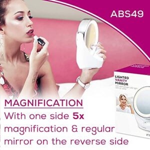 5x Magnifying Double-Sided Cosmetic Vanity Makeup Mirror Illuminated LED Lights, 360° Degree Swivel Rotation, On/Off Button, Chrome Finish, Cordless, Batteries Included, ABS49