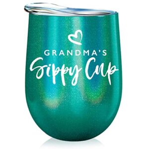 grandma gift insulated wine tumbler - 12oz with steel straw, bpa free lid, and straw cleaning brush - stainless steel stemless wine tumbler - grandma's sippy cup - coffee, tea, white wine