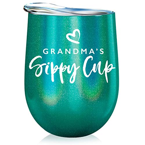 Grandma Gift Insulated Wine Tumbler - 12oz with Steel Straw, BPA Free Lid, and Straw Cleaning Brush - Stainless Steel Stemless Wine Tumbler - Grandma's Sippy Cup - Coffee, Tea, White Wine